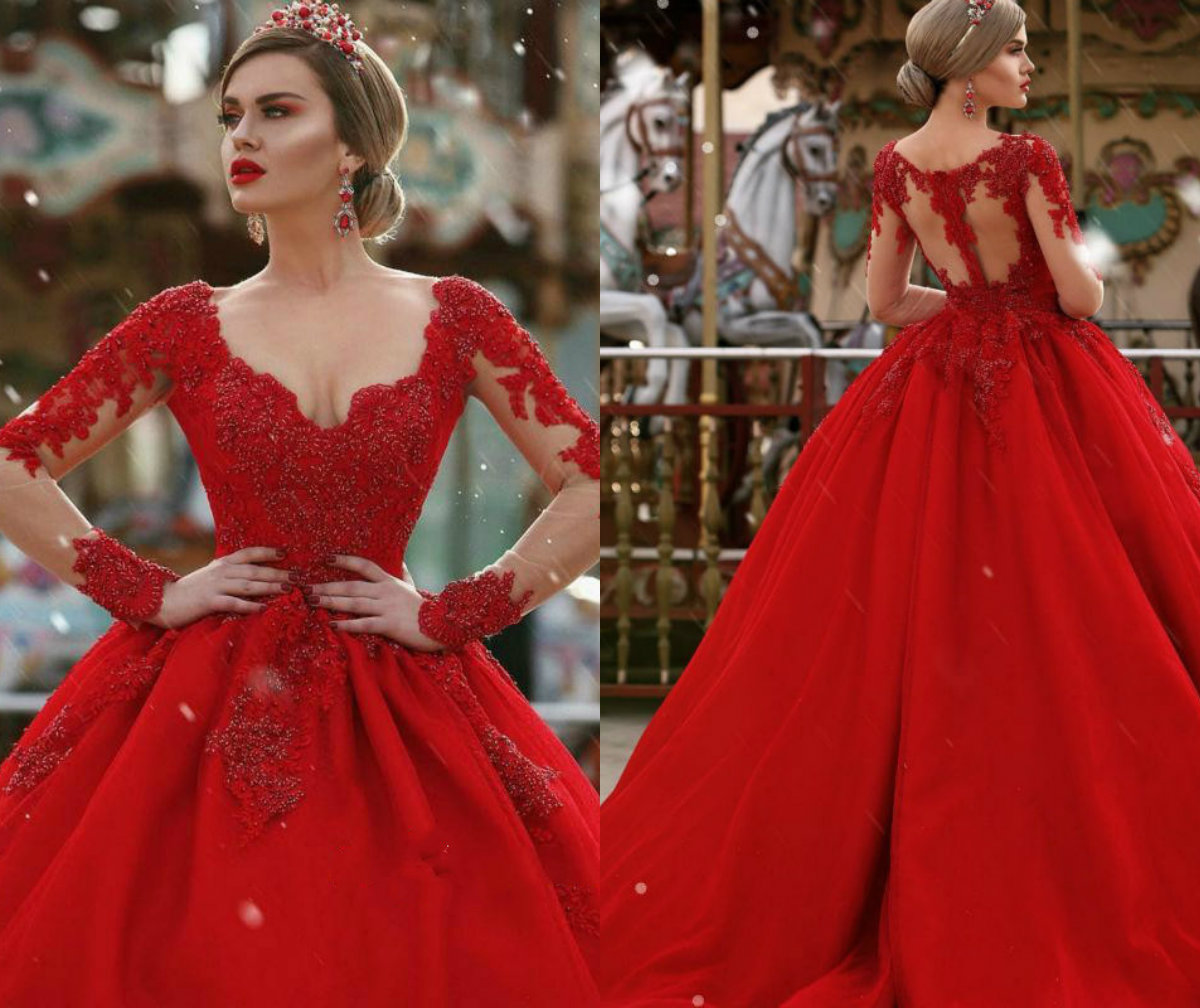 2018 A Line Red Wedding Dresses Dubai Arabic Lace Pearls Appliques Deep V Neck Country Bridal Gowns Sweep Train Long Sleeve Wedding Dress