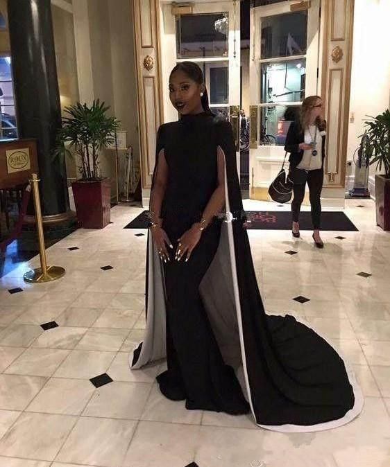 Classic Mature Black Mermaid Evening Dresses Cape High Neck Saudi Arabic Formal Red Carpet Dress Custom Made Prom Gowns