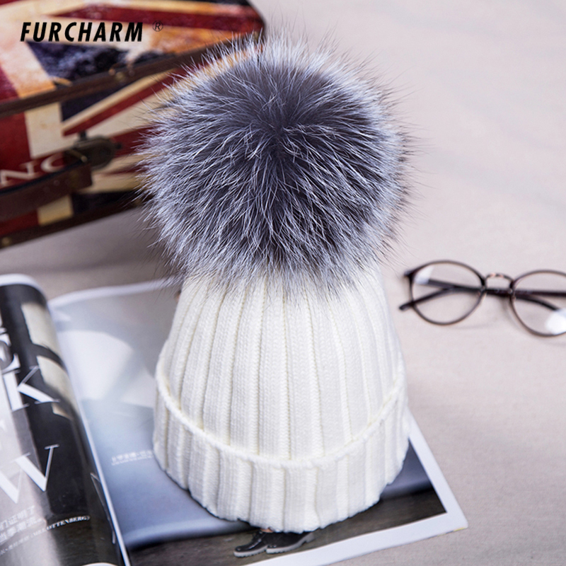 Women's Knitted Cap with 12cm Silver Fox Fur Pompom Tops Caps Fashion Winter Hats Skullies Beanies Female Cap D18110601