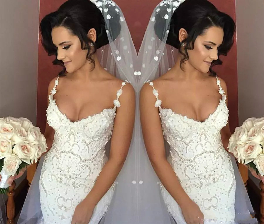 Princess Mermaid Wedding Dresses With Major Pearls Beads Sequins Appliques Sexy Backless Wedding Gowns Covered Buttons Luxury Bridal Dress