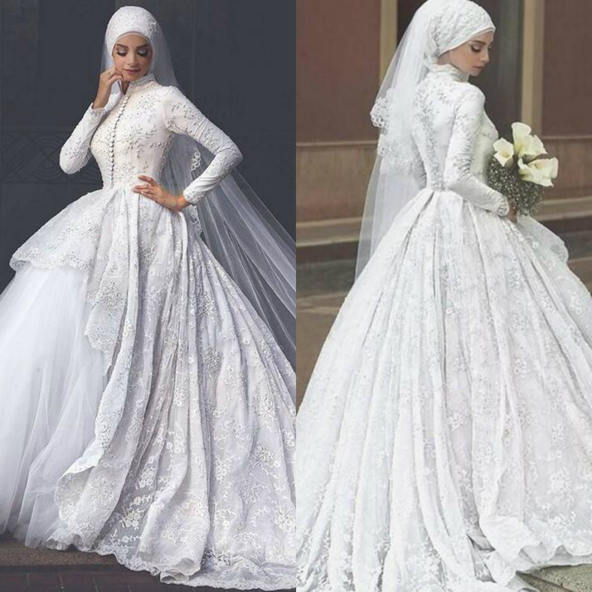 2019 Modest Muslim Wedding Dress High Collar Lace Applique Satin Long Sleeves Tulle Bridal Gowns With 3 Meters Hijab