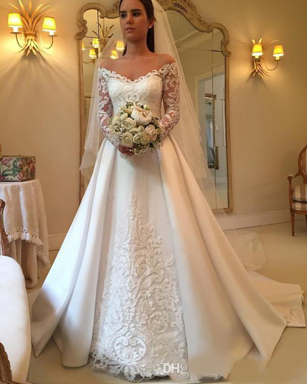 Newest V-neck Long Sleeve Wedding Dresses Button up Back Chapel Train Lace Bridal Wedding Gowns Bride Dresses Vestido De Novia