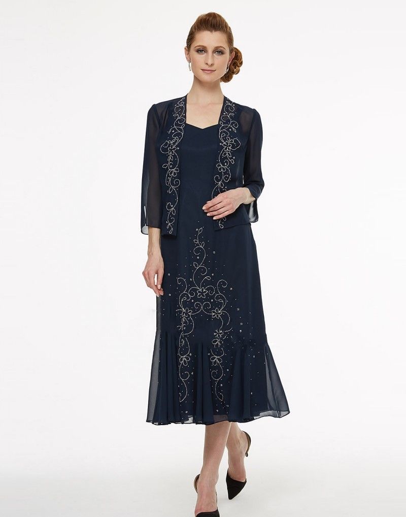 Navy Beaded Mother of the Bride Dresses With Jacket Tea Length Wedding Party Formal Evening Gowns Plus Size Mothers Groom Dress