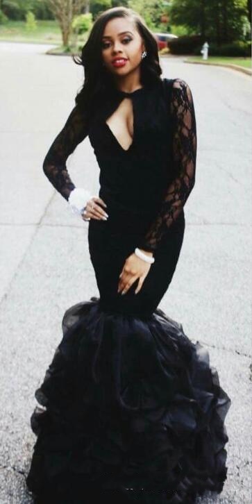 Lace Sleeve Mermaid Evening Long Party Prom Gowns Keyhole Neckline African Black Girl Fitted Dresses 0510