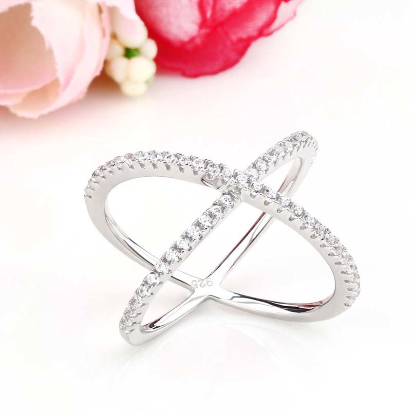 Women Rings Double Layer Cubic Zircon X Shape 925 Sterling Silver Jewelry Criss Cross Ring CZ Girls Long Rings D18111306