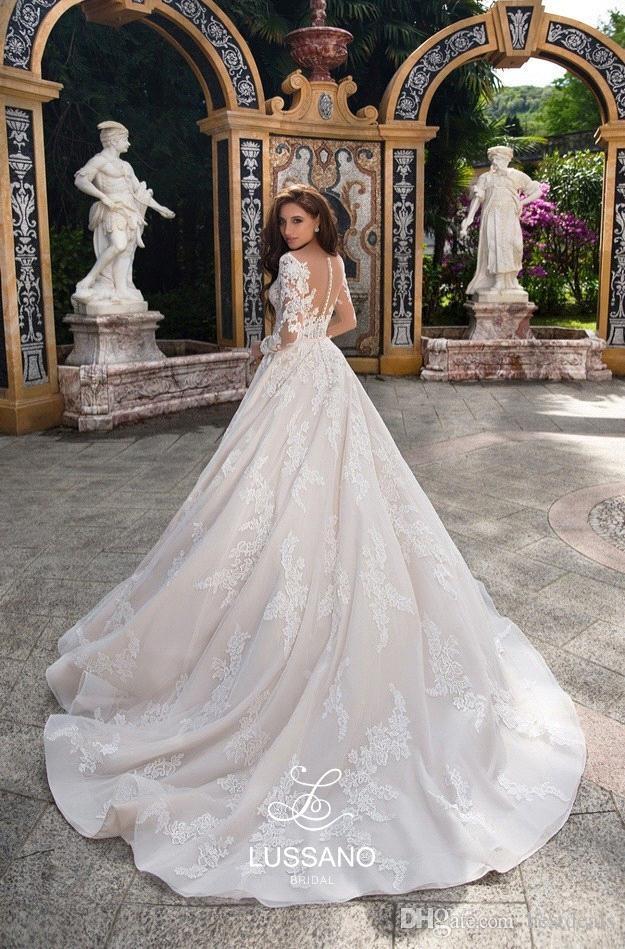 De Novia Vestido Plus Size Lussano Lace Dresses Illusion Button Back Long Sleeves Bridal Gowns A Line Sweep Train Wedding Dress