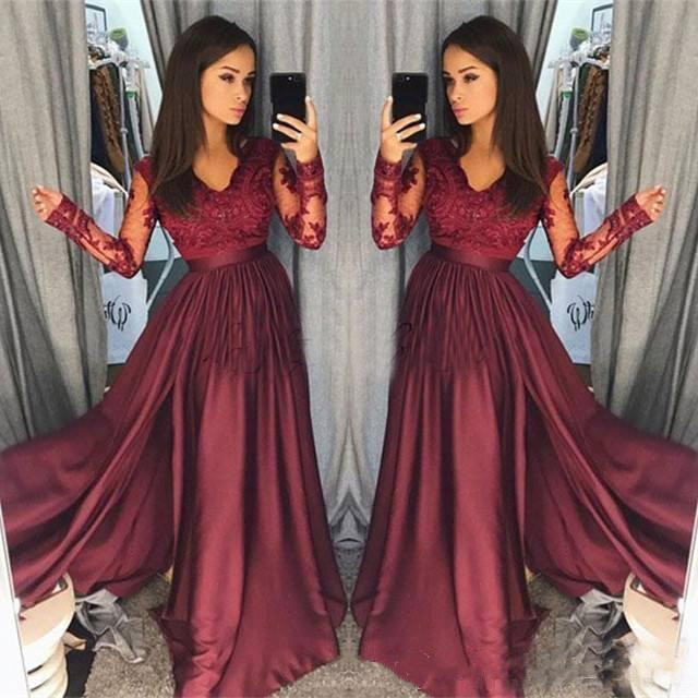 Burgundy Lace Top A-Line Evening Dresses Illusion V Neck Long Sleeves Formal Prom Party Dress Evening Gowns
Burgundy Lace Top A-Line Evening Dresses Illusion V Neck Long Sleeves Formal Prom Party Dress Evening Gowns