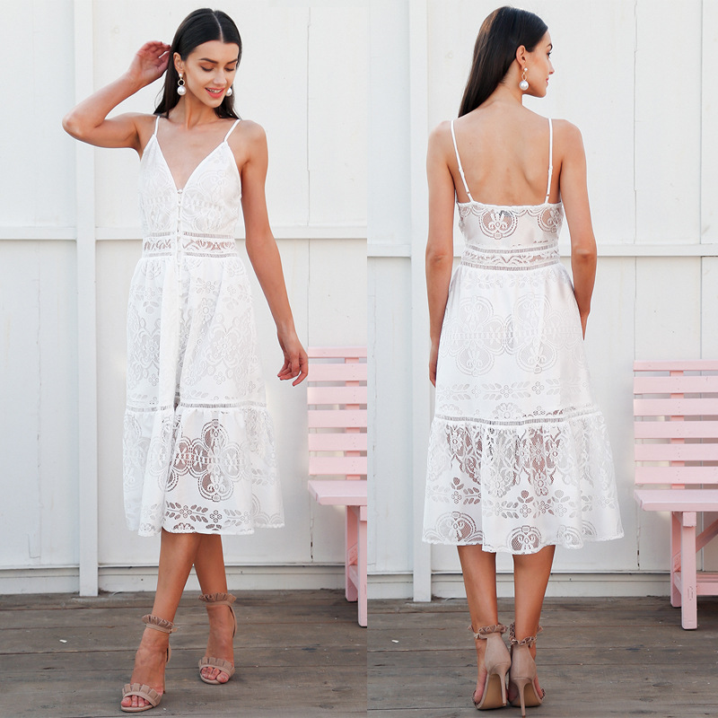 Sexy Spaghetti White Lace Summer Beach Dresses Deep V Neck Tea Length Women Casual Dress on Vacation