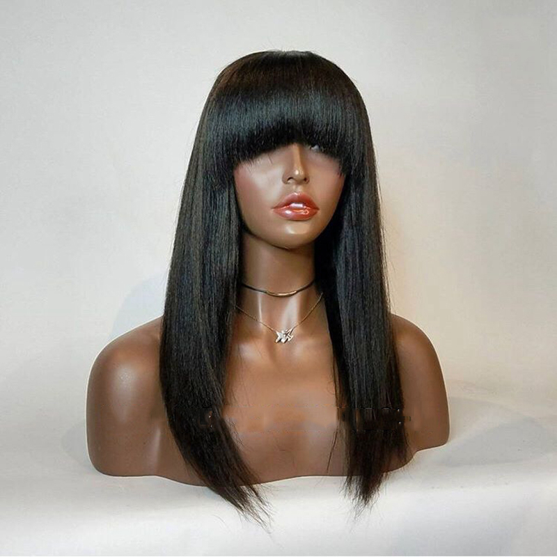 Stock Silky Straight Synthetic Lace front Wig With Bangs Long Natural Black Wig Glueless Heat Resistant Fiber Hair Wigs For Women