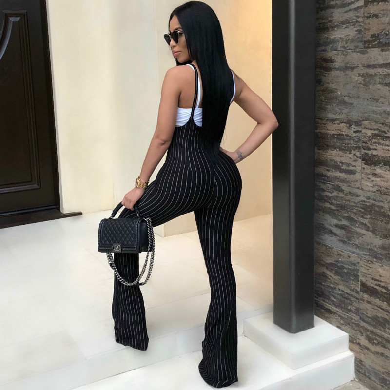 SexeMara Black Striped Casual 2 Piece Set Women Summer Outfits Sexy Spandex Crop Top and Sling Long Flare Pants Suit D35-AD22