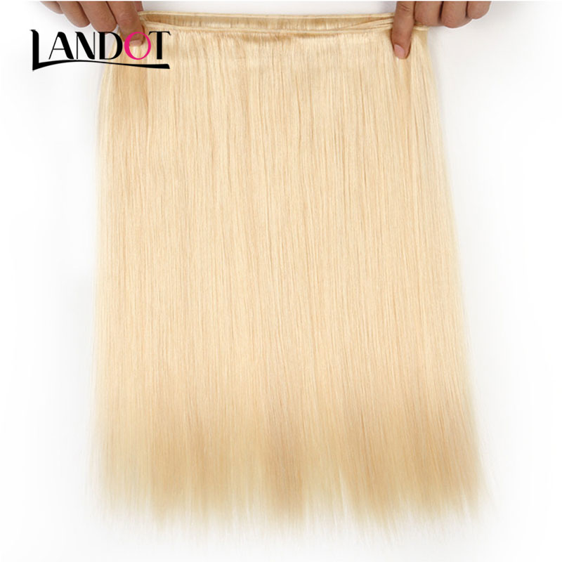 9A Grade 613# Bleach Blonde 13x4 Lace Frontal Closures With 3 Bundles Brazilian Peruvian Indian Malaysian Straight Virgin Human Hair Weaves
