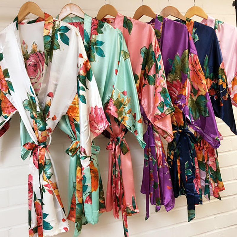 Fashion Silk Satin Short Kimono Robe Wedding Bride Bridesmaid Night Robe Floral Bathrobe Female Dressing Gown For Women