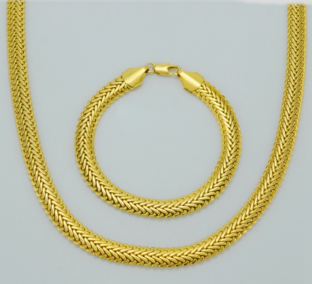 Thick Heavy Necklace Bracelet Jewelry Set Solid 18k Yellow Gold Filled Classic Herringbone Mens Accessories Hip Hop Style Jewelry