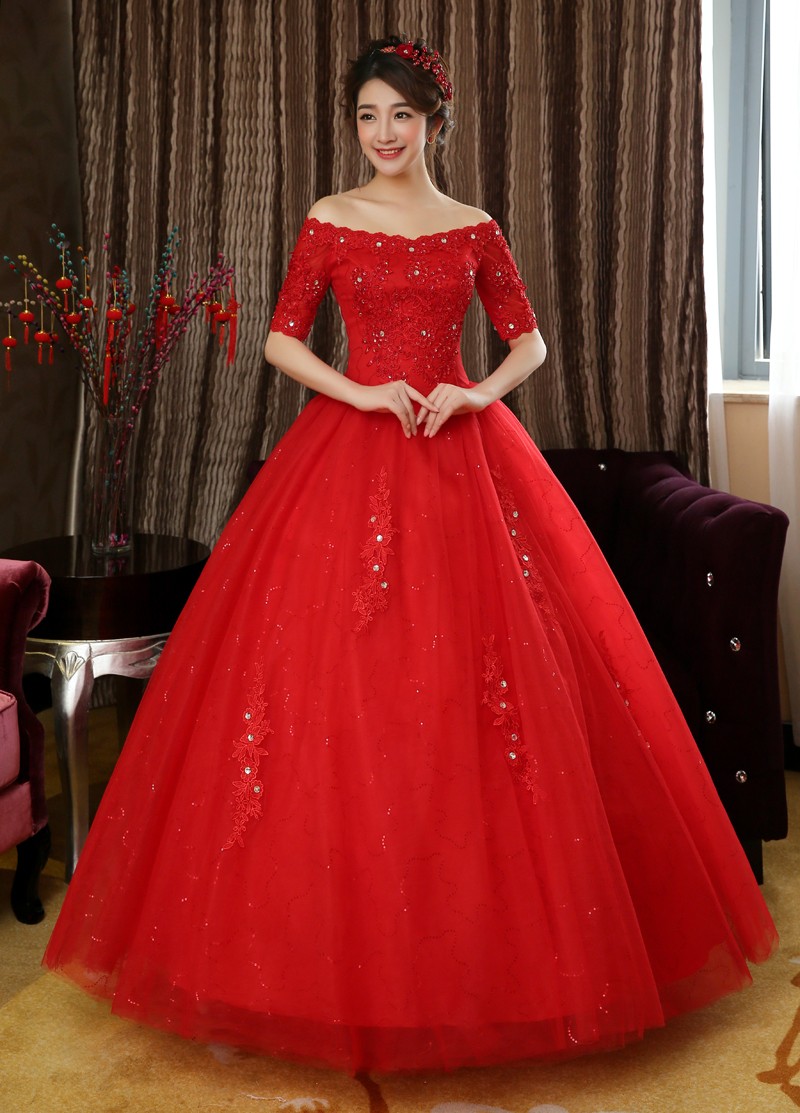 Free shipping 2018 New Desing Half Sleeves Red White Wedding Dresses Princess Lace Sex Wedding Gowns Quality Wedding Frocks