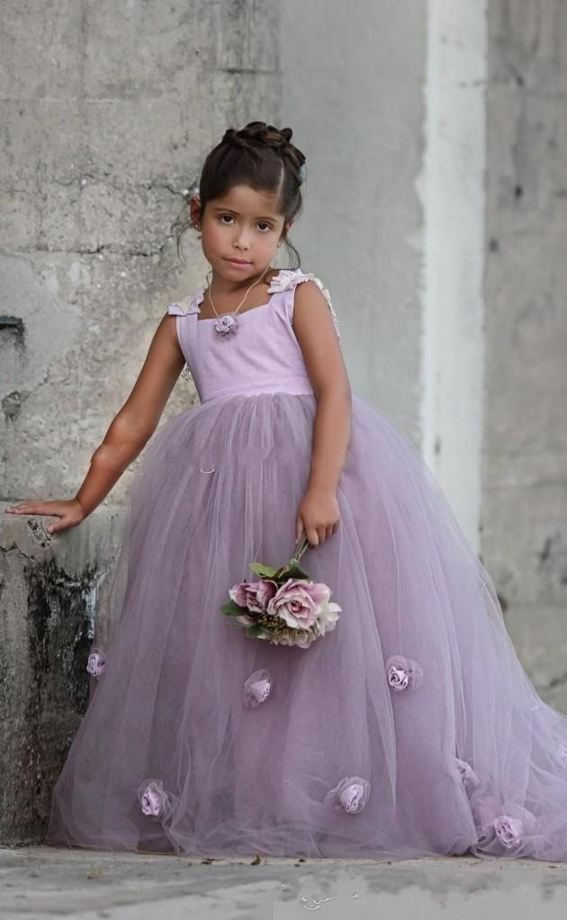 Flower Purple Lovely Square Neck Handmade Flowers Girl's Pageant Dresses Kids Prom Wedding Party Dress For Girls s