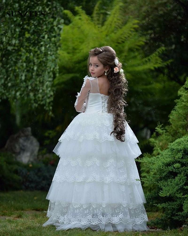 Princess Flower Girl Dresses for Weddings A Line Tiered Skirts Jewel Neck 3D Floral Appliques Pearls Girls Pageant Dress Kids Formal Wear