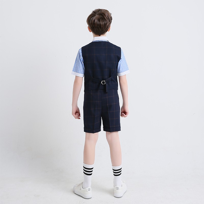 2018 Summer Three Pieces Boys Clothes Handsome Short Sleeve Striped Shirt With Grid Knee Length Pants And Vest Boys Formal Suits