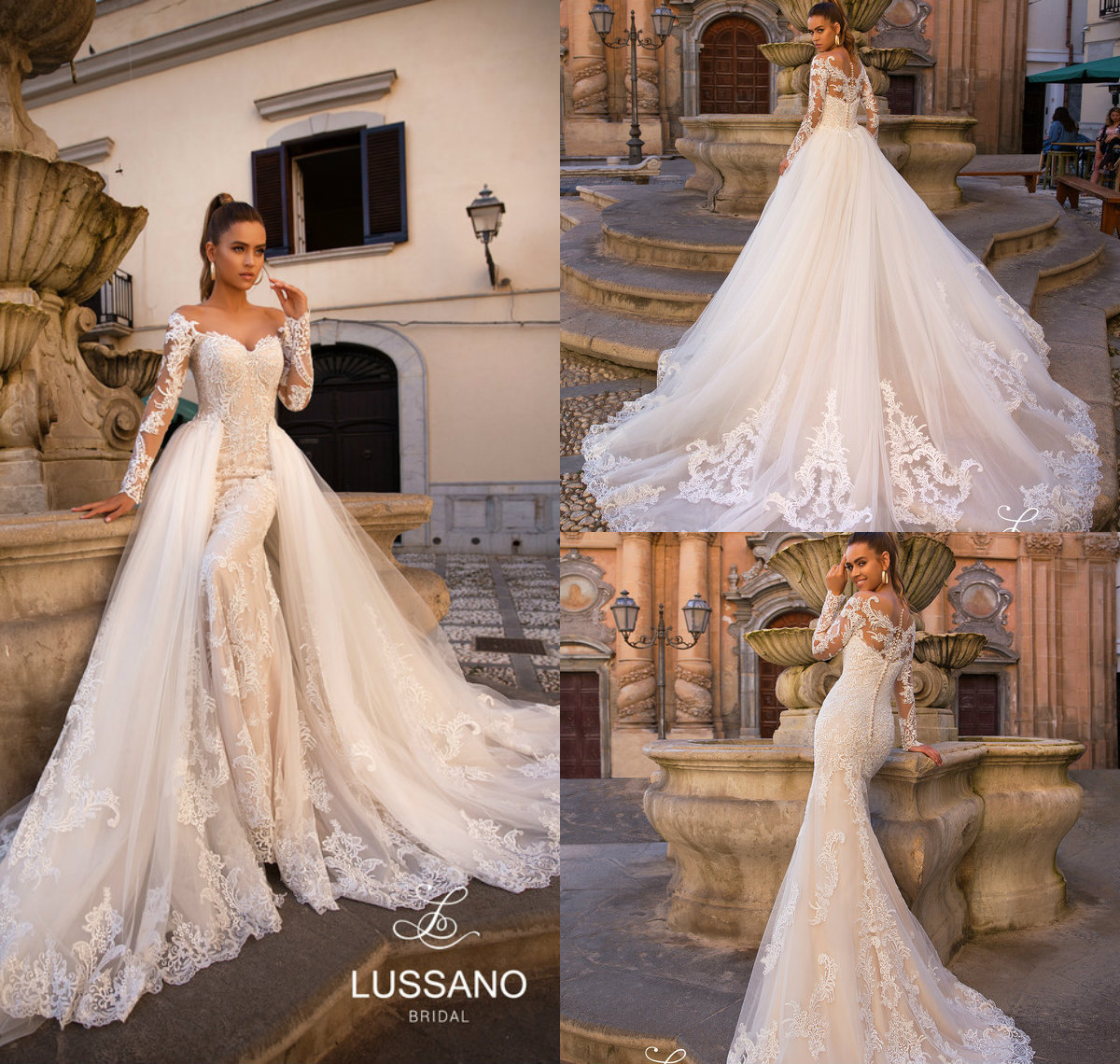2019 Mermaid Dresses With Detachable Train Off The Shoulder Button Back Long Sleeve Bridal Gown Custom Made Plus Size Wedding Dress