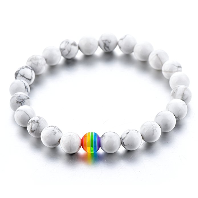 LGBT Relationship Bracelet 2 Pieces White Howlite, Black Lava Rock, Rainbow Resin Oil Diffuser Beads Gay Couples Strong Cord Handmade