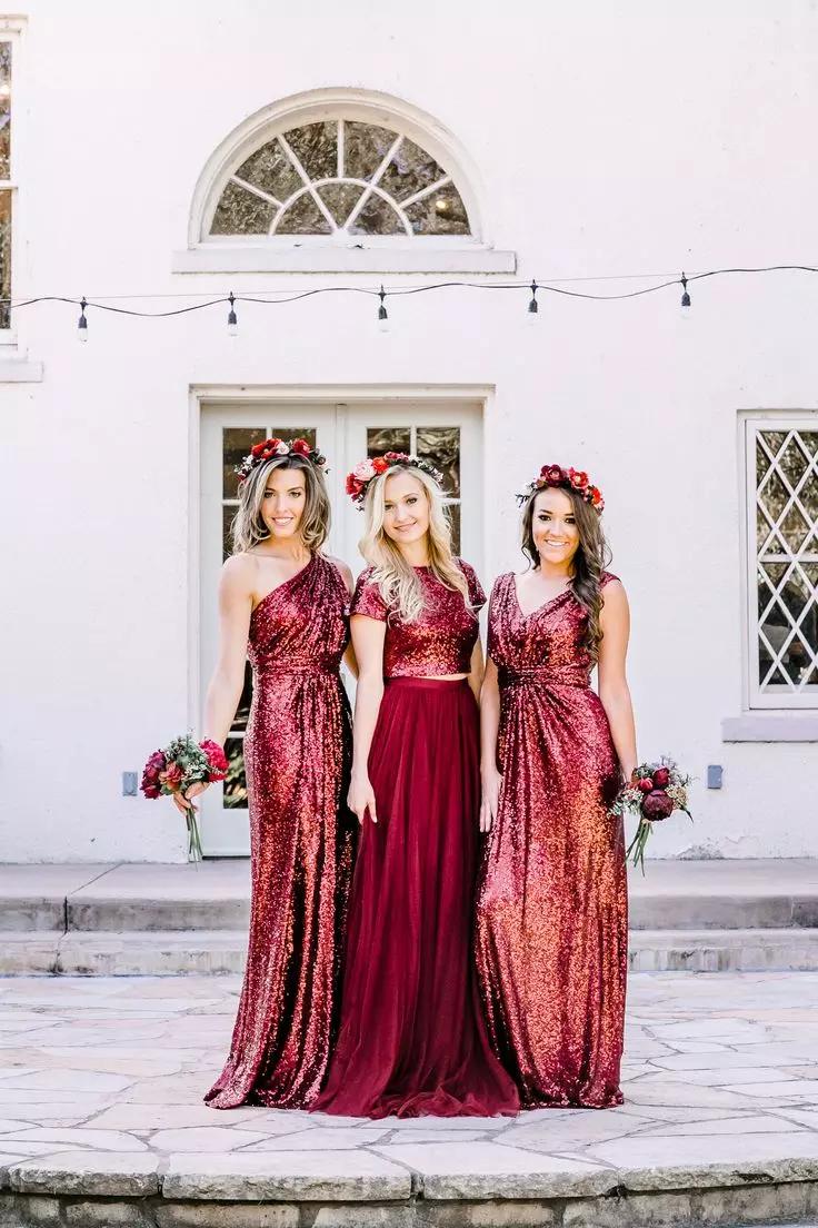 New Cheap Bury Sequin A Line Jewel One Shoulder Floor-Length Bridesmaid Dress Wedding Party Dresses Custom Made