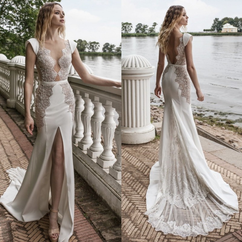 lian rokman front split mermaid wedding dresses sexy sheer plunging neckline lace appliqued satin bridal gowns robe de marie