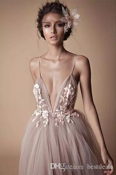 Lace Romantic Sexy Dresses Deep V Neck Backless 3D Floral Applique Sweep Train Bridal Wedding Party Gowns