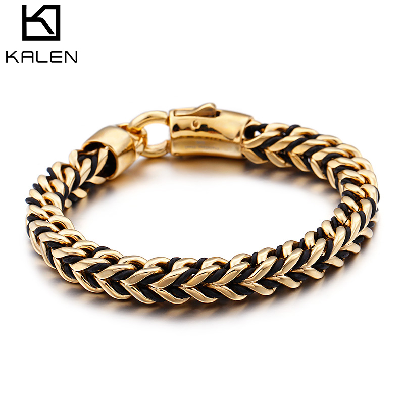 Men Bracelet 220MM Gold Titanium Chain + Black Leather Men's Fashion Jewelry Male 316 L Stainless Steel KALEN
Men Bracelet 220MM Gold Titanium Chain + Black Leather Men's Fashion Jewelry Male 316 L Stainless Steel KALEN