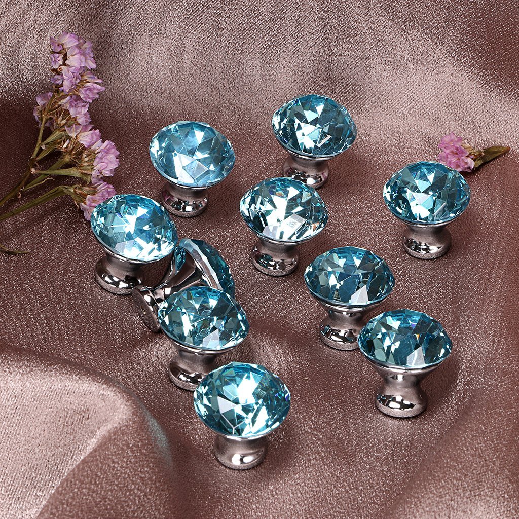 10pcs/Set Blue Diamond Shape Crystal Glass Cabinet Knob Cupboard Drawer Handle/Great for Cupboard, Kitchen and Bathroom Cabinets (30MM)9937465