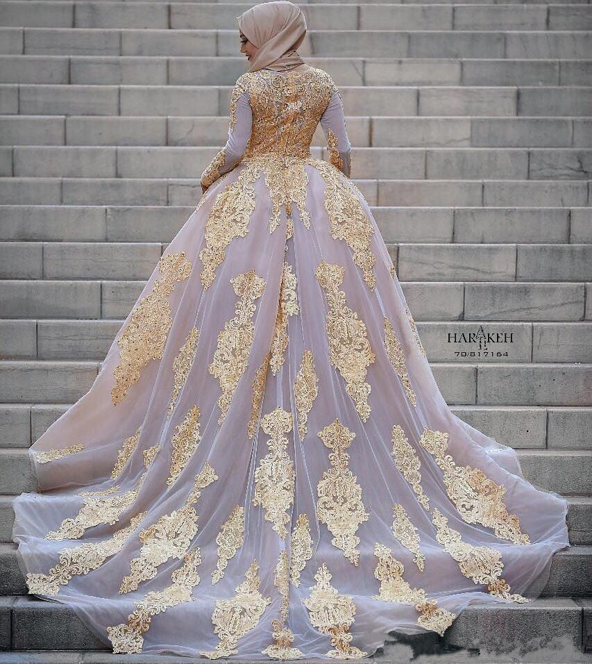 muslim beaded wedding dresses with detachable train bridal gowns gold lace appliqued blush pink tulle long sleeves country bride dress