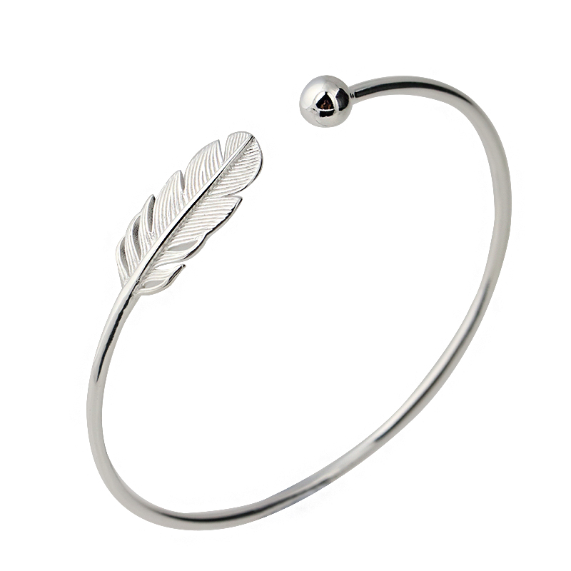 925 Sterling Silver Bracelet Feather Charm Bangles Open Adjustable Cuff Bangle Silver Plated Bracelets Fashion Jewelry
