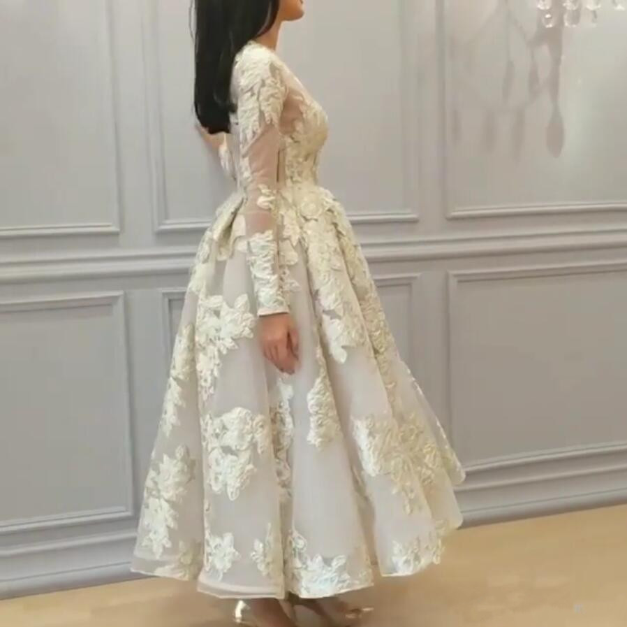 E A African Prom Dresses With Long Sleeves Lace Appliques Tea Length Evening Gowns Saudi Arabic Formal Tail Dress Plus Size Ppliques Rabic