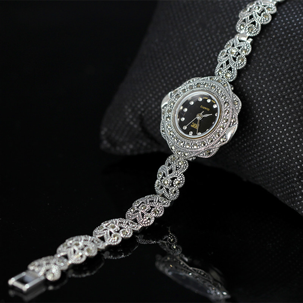 MetJakt Vintage Quartz Bracelet Watch with Zircon Solid 925 Sterling Silver Bracelet for Women's Thai Silver Jewelry