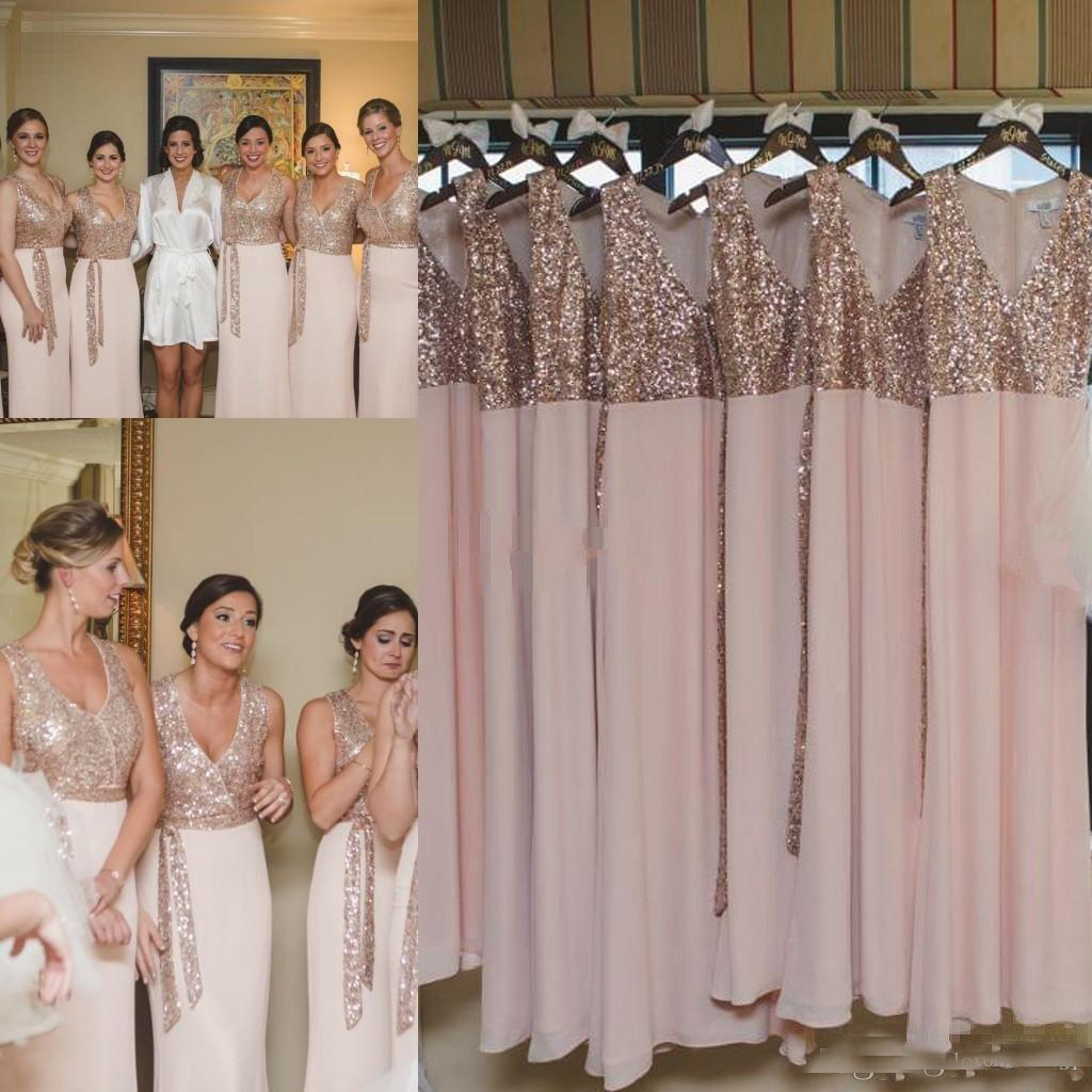 2018 Rose Gold Sequined Top Chiffon Bridesmaid Dresses Modern V Neck Full Length Maid Of Honor Long Party Wedding Guest Gown
2018 Rose Gold Sequined Top Chiffon Bridesmaid Dresses Modern V Neck Full Length Maid Of Honor Long Party Wedding Guest Gown