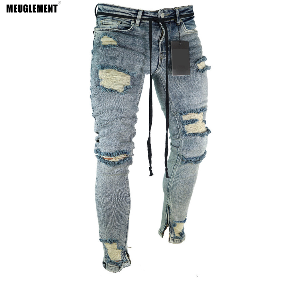 Ripped Slim Fit For Men, Hip Hop Streetwear Denim Joggers, Washed Destroyed Jeans With Knee Holes, Men's Fashion B3