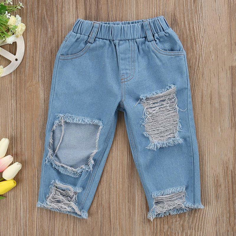 New 3PCS Set Cute Baby Girls Fashion Children Girls Clothes Off Shoulder Crop Tops White Hole Denim Pant Jean Headband 3PCS Toddler Set
