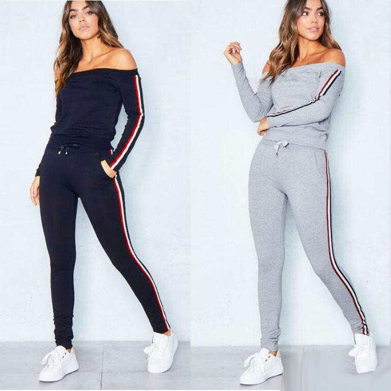 New Fashion Women&#039;s Sport Suit Off Shoulder Long-sleeve Top And Pants Tracksuit Casual Sport Costumes Mujer Crop Top & Pants Set от DHgate WW