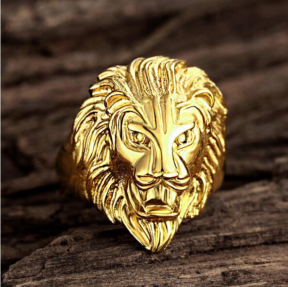 fashion Rock roll Hip-hop Ornaments Overbearing Lion's head Titanium steel Stainless steel Punk Man Gold Ring White Gold Ring size Us 6-14
