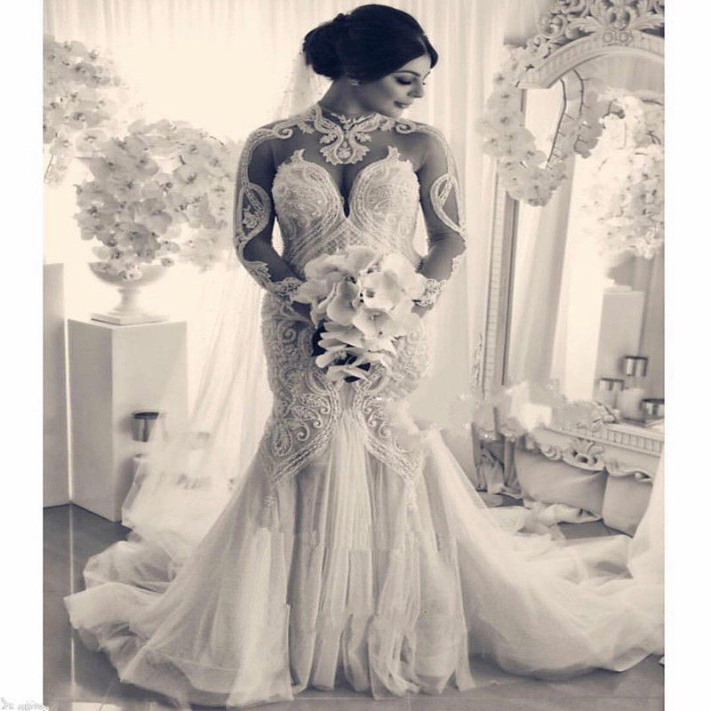Long Sleeves Modest Mermaid Wedding Dresses Lace Appliqued High Neck Bridal Gowns Sweep Train Vestidos De Novia