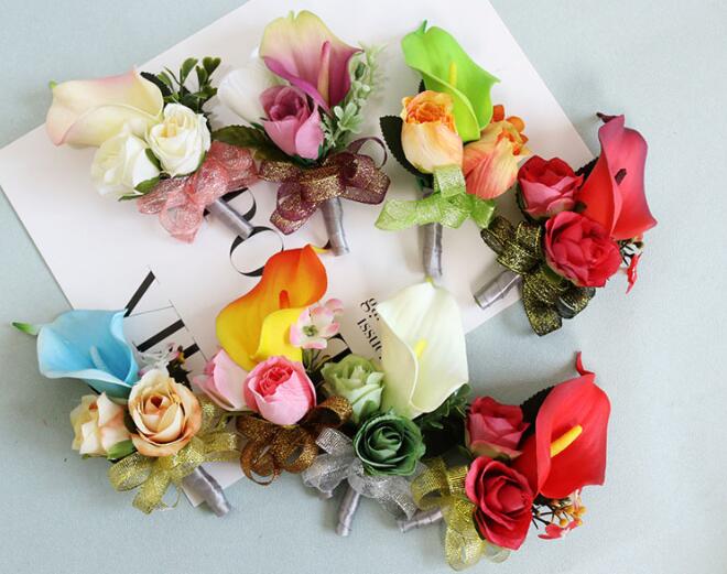 Boutonniere Wedding Corsages and Boutonnieres Ribbon Roses Callas Silk Flower Boutonnieres Groom Men Mariage Wedding Accessories
