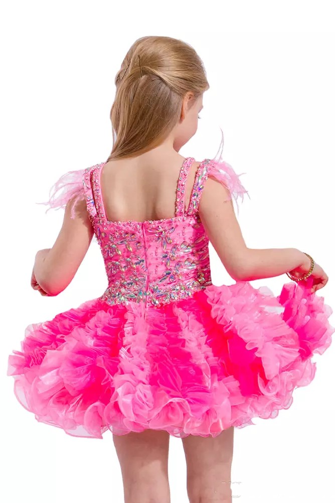 Cute Short Girls Pageant Dresses With Feathers On The Shoulders Little Girl Cupcake Skirt Baby Girl Short Dresses For Birthday Party