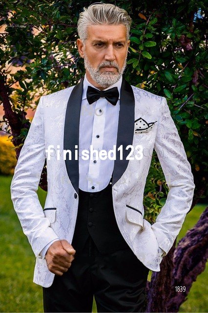 High Quality One Button White Groom Tuxedos Shawl Lapel Groomsmen Best Man Suits Mens Wedding Suits (Jacket+Pants+Vest+Tie) NO:949