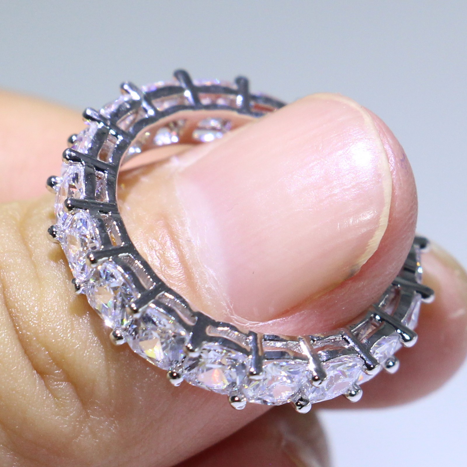 Top Selg Sterg Sier Cushion Cut White Topaz CZ Dia Stackable Eternity Women's Wedding Band Ring 9c93