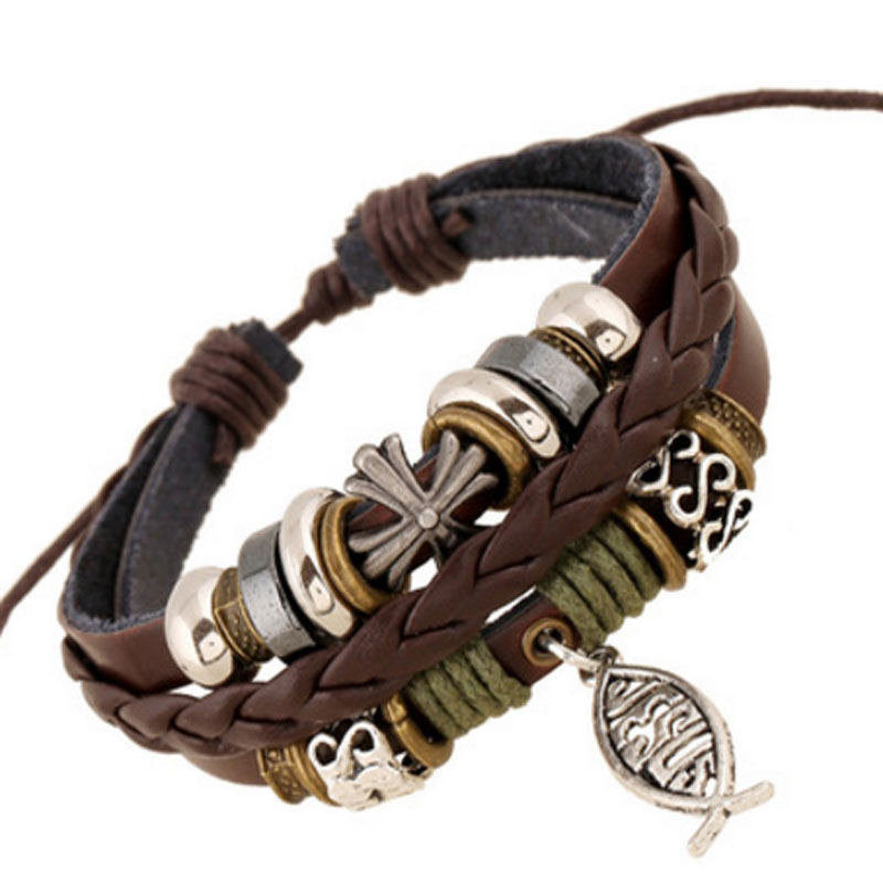 Hot selling New vintage leather bracelet Jesus fish Charm bracelets cross beaded style Gift free shipping
Hot selling New vintage leather bracelet Jesus fish Charm bracelets cross beaded style Gift free shipping