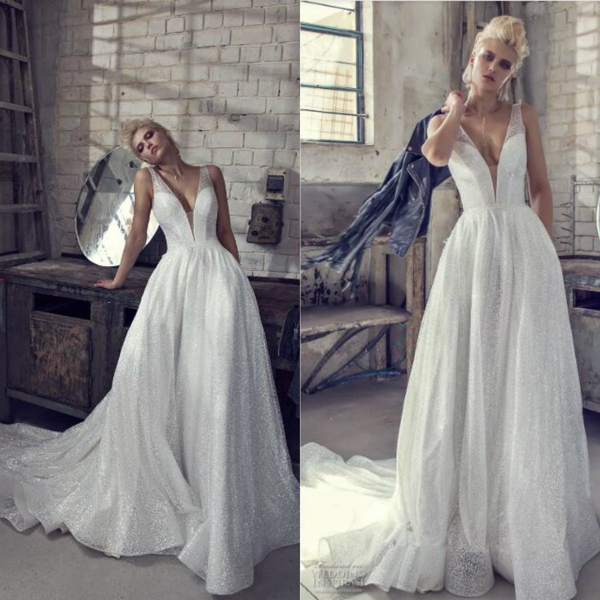 Pnina Tornai 2019 Wedding Dress Sparkly Sequined Deep V Neck Bridal Gowns With Wave Detailed Sweep Train