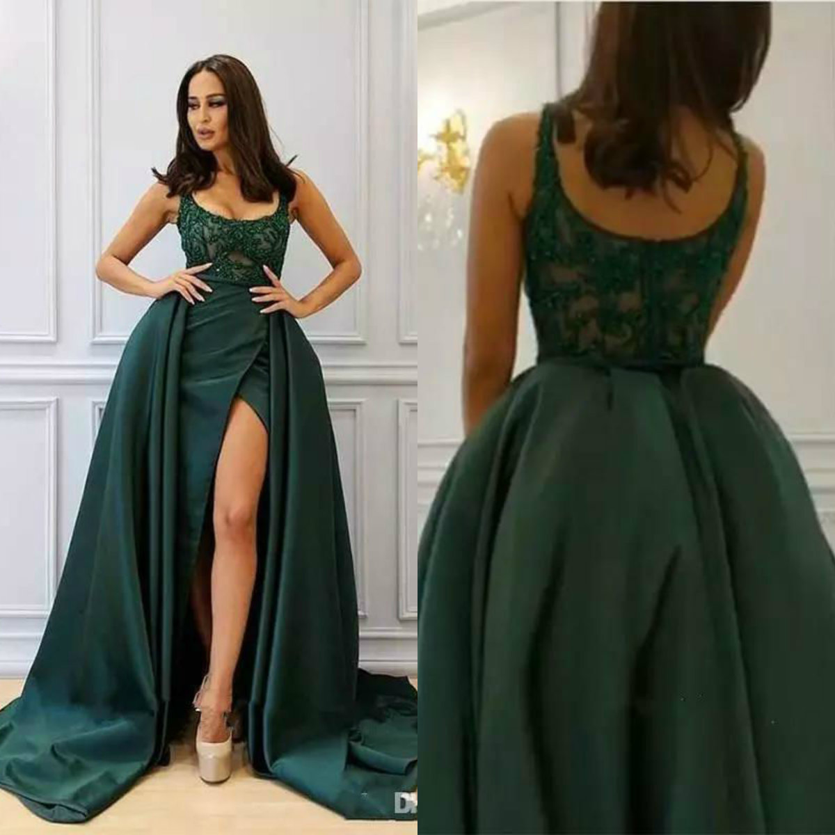 2019 Hunter Green Prom Dresses With Detachable Train Lace Applique Beaded High Side Split Formal Evening Gowns Formal Party Dresses