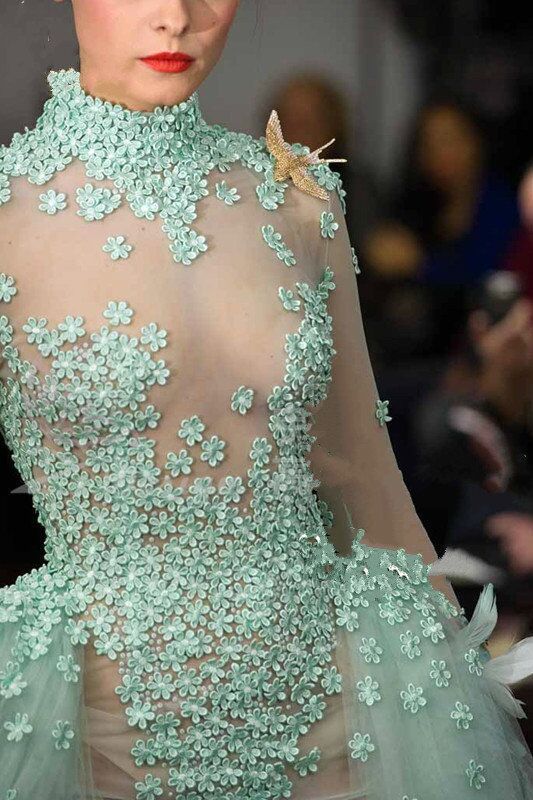 Mint Green Sheath Prom Dresses With Detachable Train Long Sleeves Appliqued Dress Evening Wear High Neck Pageant Formal Dress