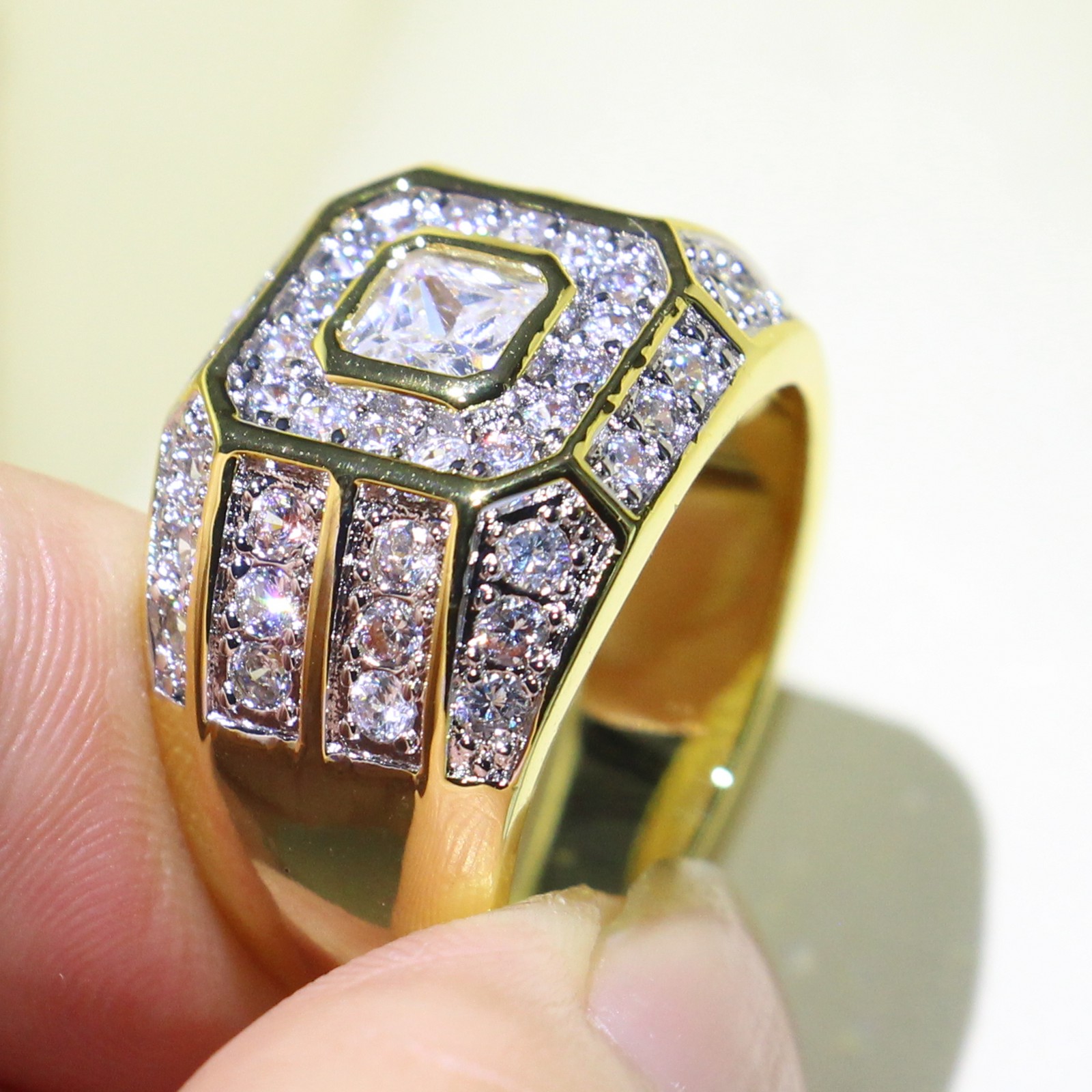 Sier & Gold Fill Princess Pave Finger Ring with White Topaz CZ Dia Band for Men