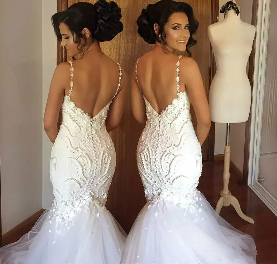 Princess Mermaid Wedding Dresses With Major Pearls Beads Sequins Appliques Sexy Backless Wedding Gowns Covered Buttons Luxury Bridal Dress
