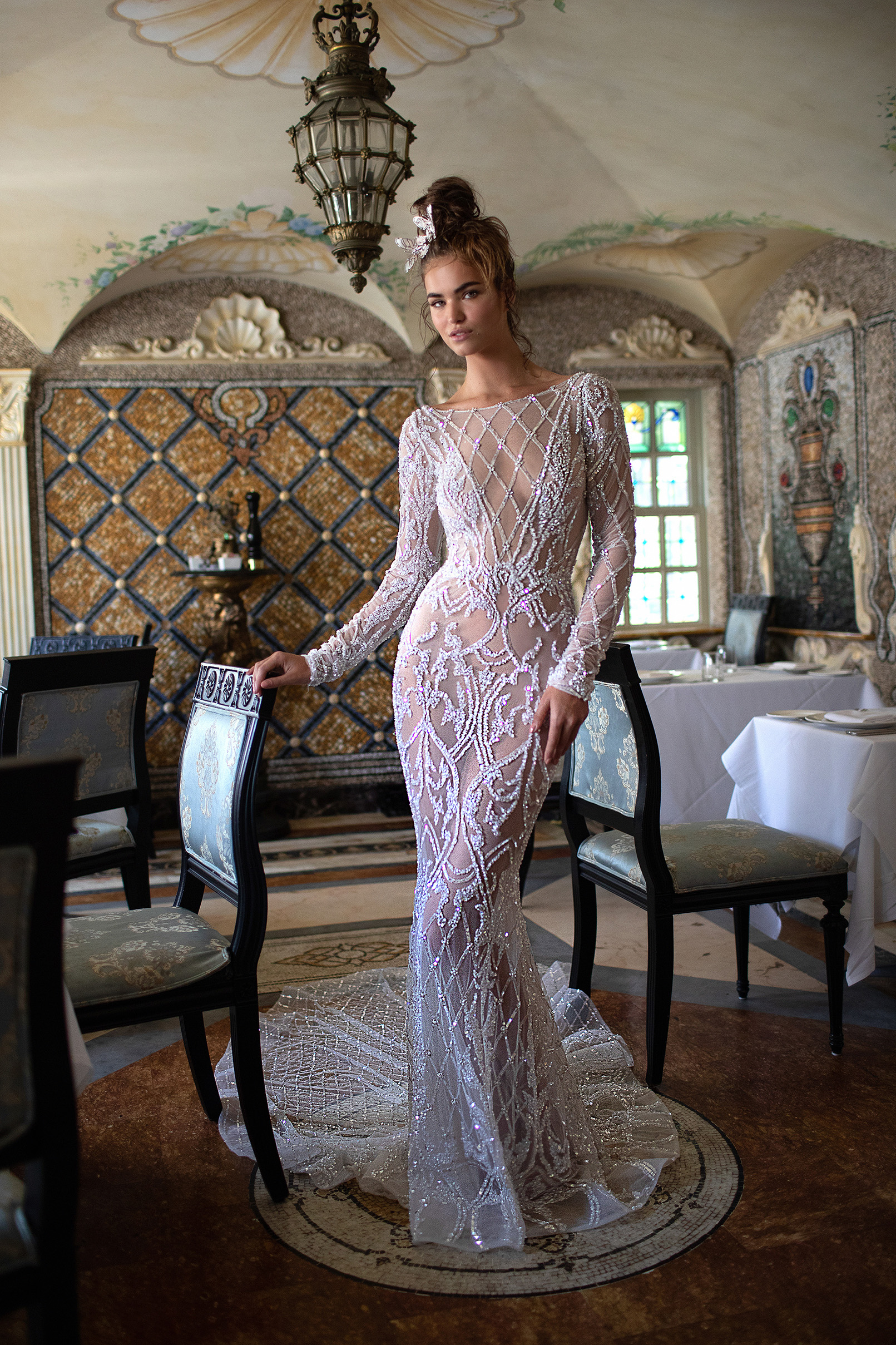 2019 Berta Mermaid Wedding Dresses Illusion Sequins Beaded Court Train Long Sleeve Bridal Gowns Sexy Backless Plus Size Wedding Dress