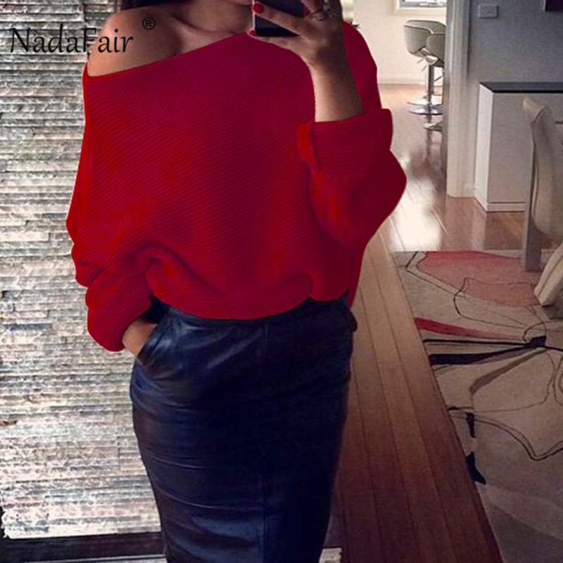 Nadafair sexy off shoulder loose knitted sweater women 2018 autumn winter slim solid casual sweater female knitting jumper tops S18100902